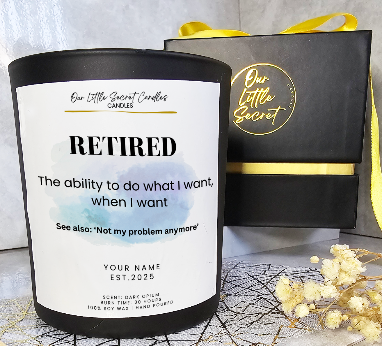 Celebrate New Beginnings with Our Retirement Candle: A Warm Send-Off to a Well-Earned Rest - Black